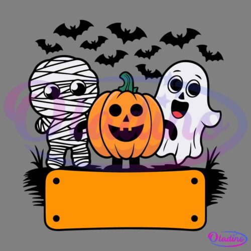 Cartoon illustration of a mummy and a ghost standing with a carved jack-o'-lantern, looking cheerful and playful. Below them is a blank, orange rectangular sign for custom text. The background is black, creating a spooky Halloween-themed scene.