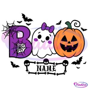 The image features the word "Boo" with "B" in purple adorned with spider webs, "O" represented by a cute ghost with a pink bow, and the second "O" depicted as a carved jack-o'-lantern. Below the text, there are three small white skulls.