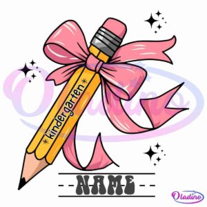 Illustration of a yellow pencil wrapped with a pink ribbon bow. The word "Kindergarten" is written along the side of the pencil. Below the pencil, there is a space labeled "NAME" intended for personalization. The background is black.