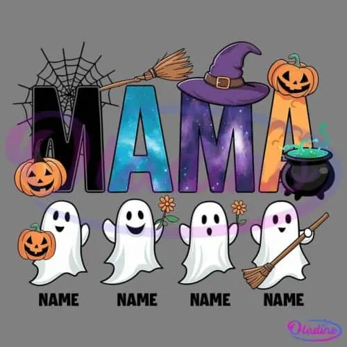 The word "MAMA" is depicted with each letter decorated for Halloween. The first "M" has spider webs and a broomstick, the "A" resembles a night sky, the second "M" wears a witch's hat, and the second "A" is witch-themed. Four friendly ghosts are beneath the letters.