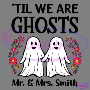 Two cheerful ghost illustrations hold hands, surrounded by a garland of colorful, vibrant flowers on both sides. The background is black, making the white ghosts and bright flowers stand out prominently.