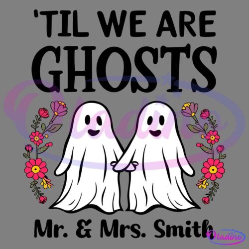 Two cheerful ghost illustrations hold hands, surrounded by a garland of colorful, vibrant flowers on both sides. The background is black, making the white ghosts and bright flowers stand out prominently.