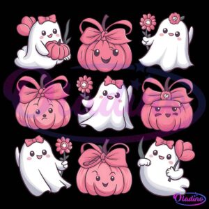 A grid of nine cute Halloween characters, alternating between ghosts and pumpkins. Each character is adorned with pink bows and some hold flowers. They have various cheerful expressions, creating an adorable and festive atmosphere.