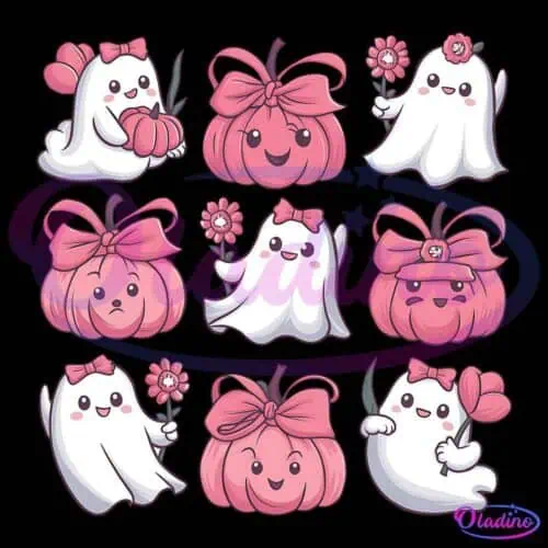 A grid of nine cute Halloween characters, alternating between ghosts and pumpkins. Each character is adorned with pink bows and some hold flowers. They have various cheerful expressions, creating an adorable and festive atmosphere.