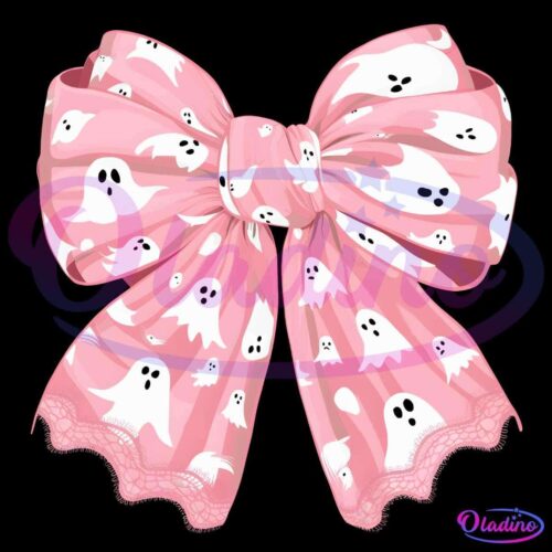 A large, pink ribbon bow with a pattern of cute white cartoon ghosts and small white dots. The bow features lace trim on the edges, giving it a delicate and whimsical appearance.