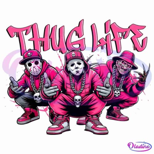 Illustration of three characters in pink hoodies and hats, featuring horror movie masks and accessories. They are in crouched positions with "Thug Life" graffiti text above them in pink. One wears a hockey mask, another a white face mask, and the last has a scarred face and a hat.