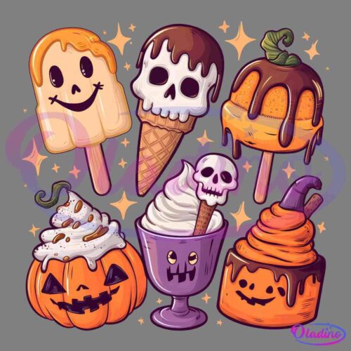 Illustration of various Halloween-themed desserts: a ghostly popsicle, a skull ice cream cone, a chocolate-covered pumpkin cake pop, a pumpkin cupcake, a skeleton-topped sundae, and a pumpkin cookie with a witch hat. Sparkling stars surround the treats.