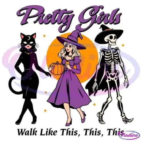 An illustration titled "Pretty Girls" features three costumed women: one in a black cat outfit, another in a purple witch dress holding a pumpkin, and the third as a skeleton in black with white bones. An orange circle is in the background with twinkling stars around them.