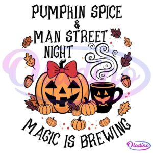 A graphic features a grinning pumpkin with a pink bow, a steaming mug with a pumpkin face, and various autumn elements like leaves and acorns. The text reads: "Pumpkin Spice & Man Street Nights. Magcc is Brakin!" with a festive fall theme.