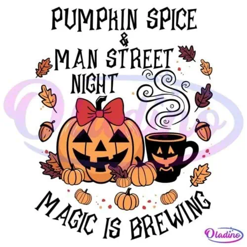 A graphic features a grinning pumpkin with a pink bow, a steaming mug with a pumpkin face, and various autumn elements like leaves and acorns. The text reads: "Pumpkin Spice & Man Street Nights. Magcc is Brakin!" with a festive fall theme.