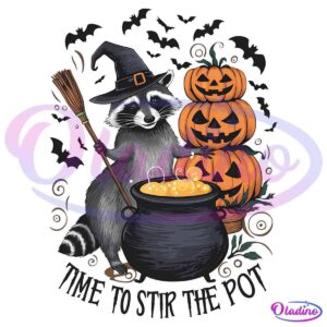 A raccoon dressed as a witch stands next to a bubbling cauldron and a stack of jack-o'-lanterns. The raccoon holds a broomstick, and black bats fly in the background amid swirling autumn leaves. The text below reads, "Time to stir the pot.