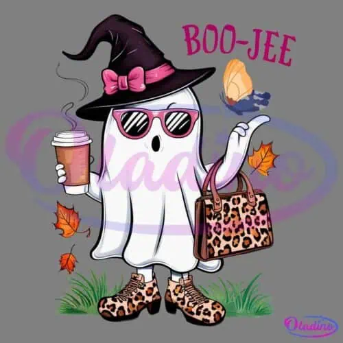 A stylish ghost wearing a pointed witch hat with a pink bow, pink sunglasses, and leopard-print shoes and handbag, holding a coffee cup. Leaves and grass surround the ghost. The word "BOO-JEE" appears in pink text above.