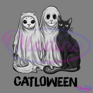 Three cats are seen, two covered in white ghost costumes with their eyes peeking through, and one solid black cat sitting beside them, uncostumed. The background is completely black, highlighting the cats’ costumes and the black cat’s sleek fur.