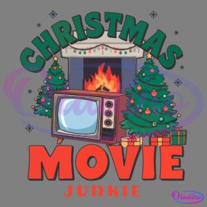 Illustration with the text "Christmas Movie Junkie" featuring a vintage TV in front of a fireplace with stockings hanging on it. Flanked by two decorated Christmas trees and wrapped gifts, the scene captures a festive holiday spirit.