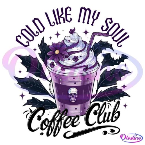 Illustrated image of a coffee cup with whipped cream, a straw, and dark purple flowers. A skull decorates the cup, and dark leaves surround it. The words "Coffee Club" are written in cursive at the bottom. The background is a deep purple.