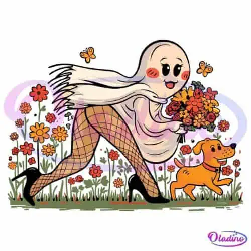 A cute ghost with blushing cheeks and a happy expression is holding a bouquet of flowers and walking alongside an excited dog. They are surrounded by colorful flowers and butterflies, creating a cheerful, whimsical scene.