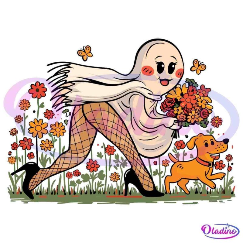 A cute ghost with blushing cheeks and a happy expression is holding a bouquet of flowers and walking alongside an excited dog. They are surrounded by colorful flowers and butterflies, creating a cheerful, whimsical scene.