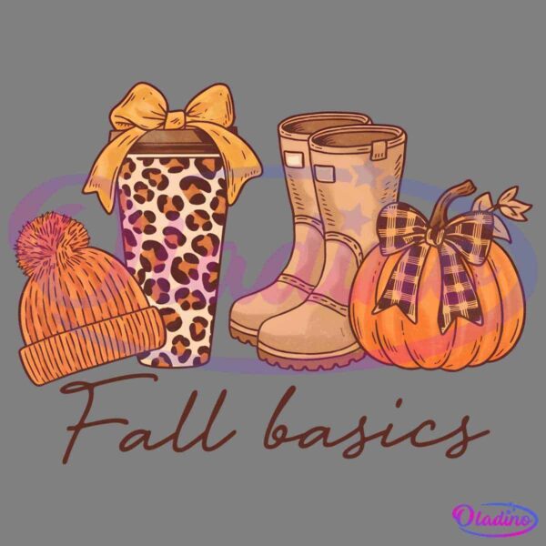 Illustration with "Fall basics" text below an assortment of autumn-themed items: a knitted beanie with a pompom, a leopard print travel mug with a bow, rain boots, and a pumpkin adorned with a bow. All items are in warm, earthy tones.