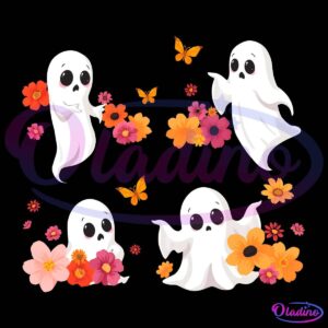 Four playful ghosts are surrounded by colorful flowers and butterflies. The ghosts have expressive faces and are interacting with the vibrant blooms and fluttering butterflies, creating a whimsical and cheerful scene.