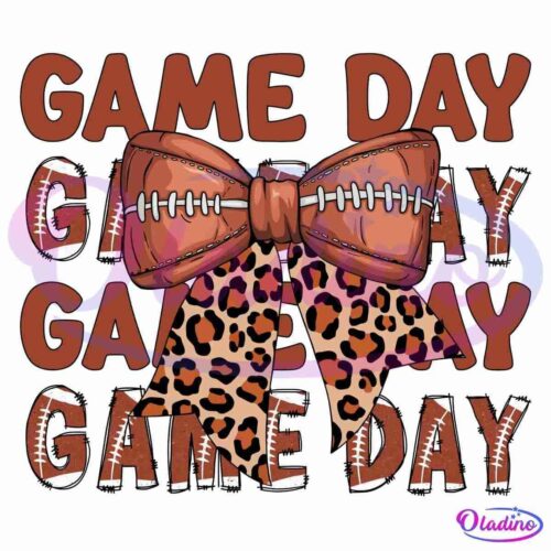 Graphic image with the text "Game Day" repeated four times in red. A large bow with a football texture at the top and a leopard print design at the bottom is superimposed over the text, emphasizing the theme of sports and fashion.