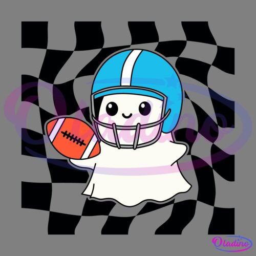 A cute ghost wearing a blue and white football helmet holds an American football, set against a black background. The ghost smiles cheerfully, adding a playful and fun element to the image.