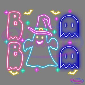 A vibrant neon-style Halloween image features a smiling ghost wearing a witch hat in the center, surrounded by neon letters "B," blue ghost icons, and small yellow bats. The background is black, making the colorful elements stand out brightly.