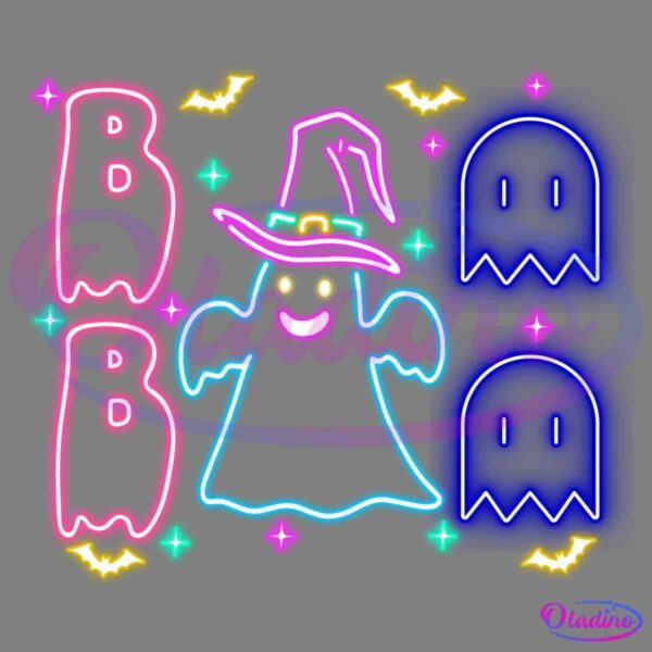 A vibrant neon-style Halloween image features a smiling ghost wearing a witch hat in the center, surrounded by neon letters "B," blue ghost icons, and small yellow bats. The background is black, making the colorful elements stand out brightly.