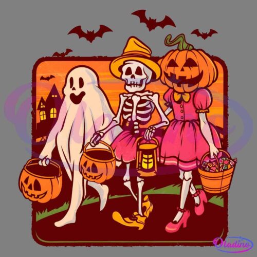 A whimsical Halloween illustration featuring three characters. A ghost, a skeleton dressed as a witch, and a girl with a pumpkin head, all holding jack-o'-lantern treat buckets, walking in front of a spooky house at sunset. Bats fly in the background.