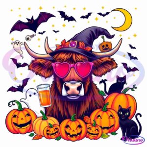 Colorful Halloween illustration featuring a cow with a witch hat, heart-shaped sunglasses, and surrounded by pumpkins with carved faces. Bats, ghosts, a black cat, a crescent moon, and stars complete the festive scene. The cow also holds a glass of beer.