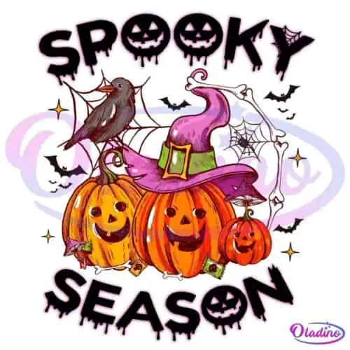 Illustration displaying three carved pumpkins with spooky expressions, one wearing a purple witch hat. A crow perches on the largest pumpkin. The words "Spooky Season" are written above and below in a creepy font adorned with cobwebs, bats, and skulls.