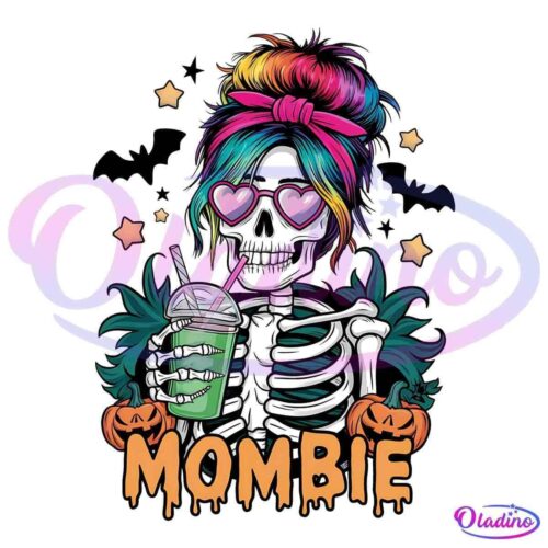 Colorful illustration of a skeleton with rainbow-colored hair tied in a bun, wearing pink heart-shaped sunglasses, holding a green drink with a straw. The word "MOMBIE" is written below, flanked by two carved pumpkins. Stars and leaves are in the background.