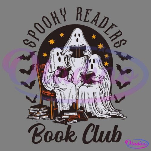 An illustration labeled "Spooky Readers Book Club" shows three ghostly figures draped in white sheets, sitting and reading books. One is seated on a chair, while the other two are sitting on stacks of books. Flanking the text are bats and stars.