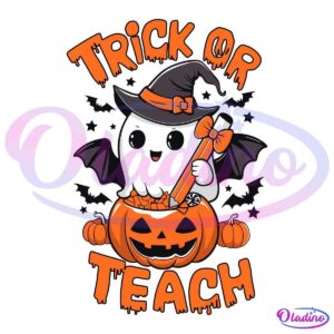 Illustration of a cute ghost wearing a witch hat, holding a pencil and hovering over a large carved pumpkin full of treats. The text above and below the ghost reads "Trick or Teach" in a playful Halloween-themed font.