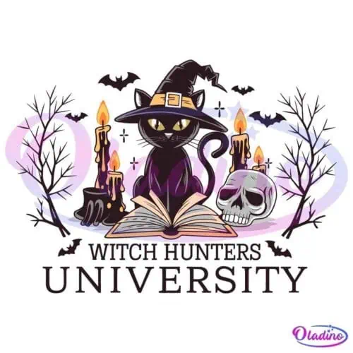 A black cat wearing a pointed hat sits behind an open book, accompanied by lit candles, a human skull, and bats. Leafless trees frame the scene. Text below reads "Witch Hunters University.