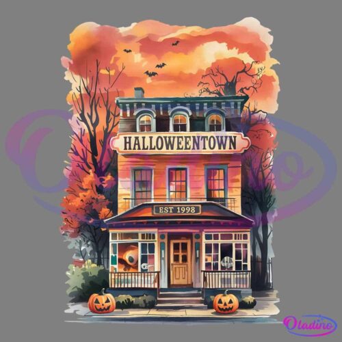 A vintage storefront labeled "Halloweentown" with fall foliage in the background and a sky illuminated with the warm colors of sunset. Jack-o'-lanterns and Halloween decorations adorn the front, and bats fly in the distance. The sign indicates it was established in 1998.