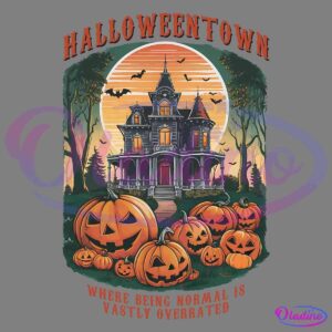 A vintage-style Halloween poster featuring a haunted house with a full moon and bats. The foreground shows several carved jack-o'-lanterns. Text above reads "Halloweentown" and below says, "Wheee Being Nomad Is Vastful Overreated.