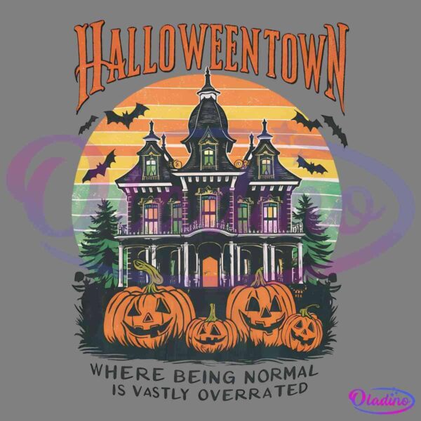 Vintage-style Halloween poster featuring a spooky mansion, jack-o'-lanterns, and bats with the text "Halloweentown" in bold orange letters above. At the bottom, the phrase "Where being normal is vastly overrated" is displayed. The background has a retro striped design.