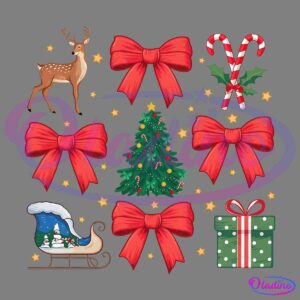 A festive Christmas-themed image featuring a decorated Christmas tree, four red bows, two candy canes with holly, a green gift box with a red bow, a reindeer, a sleigh with snow and a snowman, and scattered yellow stars on a black background.