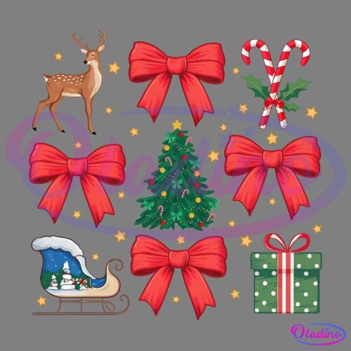 A festive Christmas-themed image featuring a decorated Christmas tree, four red bows, two candy canes with holly, a green gift box with a red bow, a reindeer, a sleigh with snow and a snowman, and scattered yellow stars on a black background.