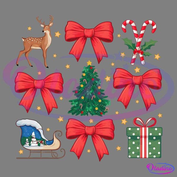 A festive Christmas-themed image featuring a decorated Christmas tree, four red bows, two candy canes with holly, a green gift box with a red bow, a reindeer, a sleigh with snow and a snowman, and scattered yellow stars on a black background.