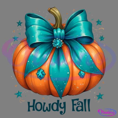 An orange pumpkin adorned with a large turquoise bow, turquoise rhinestones, and sparkling stars. Surrounding the pumpkin is the text "Howdy Fall" in a matching turquoise color. The background is transparent.