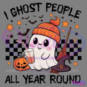 Adorable illustration of a cute ghost in an orange knitted hat holding a drink with a straw. Surrounded by a carved pumpkin, witch's hat, broomstick, and scattered stars and bats, it creates a festive Halloween scene.