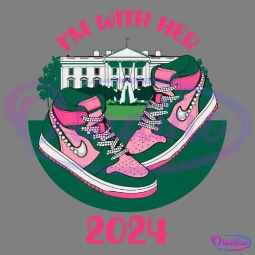 Illustration of a pair of stylish green and pink sneakers with pearl detailing in front of the White House, accompanied by the text "I'm With Her 2024" in pink.