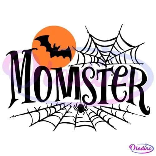 The image features an orange moon with a black silhouette of a bat flying in front of it. The background contains a faint, shadowy text reading "Monster" intertwined with a spiderweb.