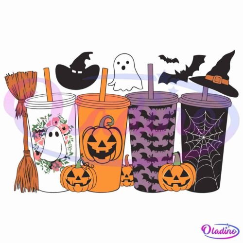 A set of four festive tumblers featuring Halloween designs: a ghost with flowers on a white tumbler, a jack-o'-lantern on an orange tumbler, bats on a purple tumbler, and a spider web on a black tumbler. They are surrounded by mini pumpkins, witch hats, ghosts, and a broomstick.