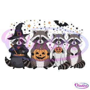 Illustration of four raccoons in Halloween costumes with a decorated "Halloween" text. The first raccoon is in a witch costume stirring a cauldron, the second holds a carved pumpkin, the third is in a ghost costume, and the fourth raccoon holds a pumpkin.