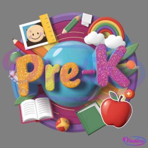 Colorful "Pre-K" graphic with letters in glittery orange, yellow, blue, and pink. Surrounded by school supplies: a globe, book, apple, pencil, crayon, ruler, paperclip, green notebook, ball, and a rainbow with clouds. Musical notes and stars are in the background.