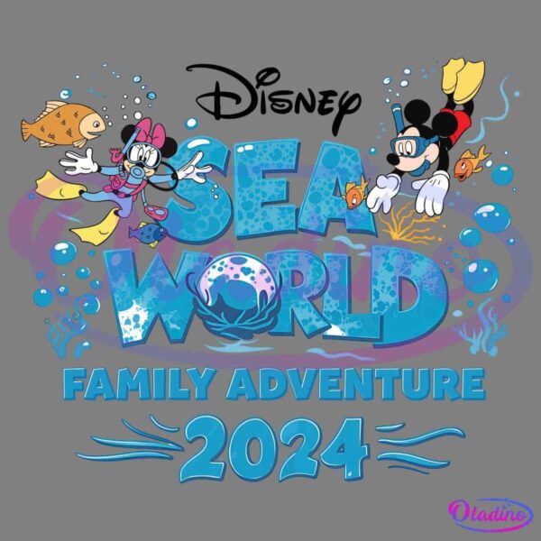 Promotional graphic for "Sea World Family Adventure 2024" featuring cartoon characters in scuba gear interacting with sea creatures. The vibrant design includes bubbles, fish, and a large whale graphic, emphasizing an underwater theme.