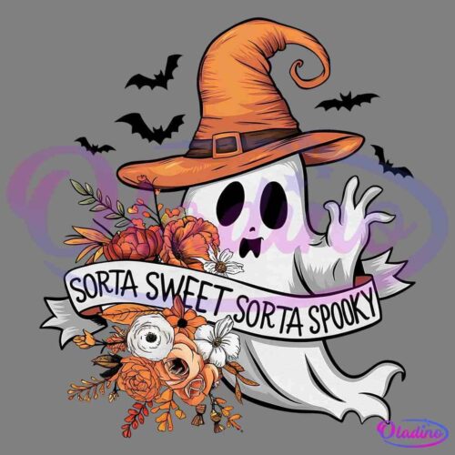 A cute ghost wearing an orange witch hat stands behind a banner reading "Sorta Sweet Spooky." Surrounding the ghost are blooming flowers and flying black bats, all set against a light background.