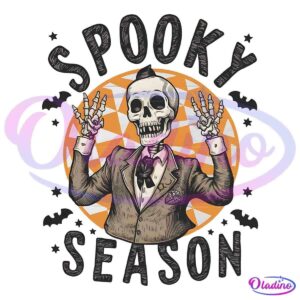 Illustration of a skeleton dressed in a suit, holding up both hands with fingers spread. The background features an orange and white, web-like pattern with silhouetted bats. Above and below the skeleton are the words "Spooky Season" in a stylized, spooky font.